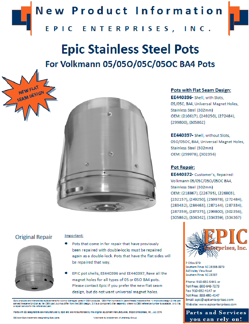 Epic Stainless Steel Pots for Volkmann 05/05O/05C/05OC BA4
